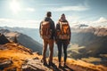 back, rear view of mature Couple. backpacker man and woman hikers on top of mountain, together enjoying climbing. friends with Royalty Free Stock Photo