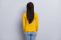 Back rear view photo of young african woman anonym new hairdo dreadlocks isolated over grey color background
