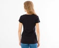 Back rear view: woman in black tshirt isolated, girl in t-shirt mock up, black T shirt. Midsection female tshirt on white