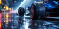 back rear wheel of blue Formula one racing car at evening start of race in rain on wet slippery asphalt Royalty Free Stock Photo