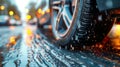 rear wheel of car on wet slippery asphalt close-up Royalty Free Stock Photo