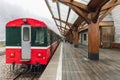 Back of the Red Train on Alishan Forest Railway stop on the platform of Zhaoping railway station in Alishan, Taiwan Royalty Free Stock Photo