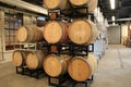 Rows of wood casks stored on top of each other, used in wineries, breweries, and distilleries around the state of New York, 2018 Royalty Free Stock Photo