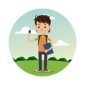 Back school boy smartphone student landscape background Royalty Free Stock Photo