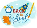 Back school concept alarm clock, pencil, rocket, autumn leaf. Educational illustration school Royalty Free Stock Photo