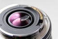 Back side of a dslr camera lens objective for professional photography with camera mount details in macro view with beautiful lens Royalty Free Stock Photo