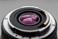 Back side of a dslr camera lens objective for professional photography with camera mount details in macro view with beautiful lens Royalty Free Stock Photo