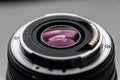 Back side of a dslr camera lens objective for professional photography with camera mount details in macro view with beautiful lens Royalty Free Stock Photo
