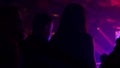 Back side of girl with long hair among other people in nightclub. Slow motion