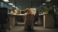 Back side of a hopeless woman sitting on the floor in an office area. Sad businesswoman