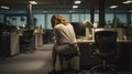 Back side of a hopeless woman sitting in an office area. Sad businesswoman