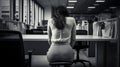 Back side of a hopeless woman sitting in an office area. Sad businesswoman