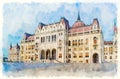 Hungarian Parliament building in Budapest, Hungary. Watercolor painting