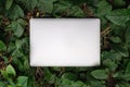 Back side of laptop computer with leaves pattern background Royalty Free Stock Photo