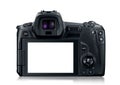 Back side of modern Canon mirrorless digital camera on a white background Royalty Free Stock Photo