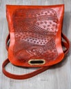 Back side of open orange embossed leather handbag