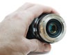 Back side of photography lens in hand close up Royalty Free Stock Photo