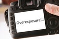 Back side of professional dslr digital photo camera with text overexposure on screen Royalty Free Stock Photo