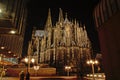 Back side of the Roman Catholic cathedral of Cologne or High Cathedral of Saint Peter at night.