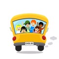 Back side school bus, student children on bus, multi ethnic friends at window, diversity kid education, vector illustration