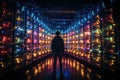 Back side of a technician through in network server room at a data center.