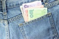 back side Texture of blue jeans with pockets money Royalty Free Stock Photo
