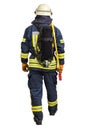 Back side view of walking firefighter in fire-proof uniform