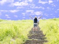 Back side of young sport man standing surrounding green grass hold hands up looking to the blue sky at front Royalty Free Stock Photo