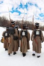 Back of soldiers at historical reconstruction Royalty Free Stock Photo