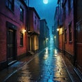 Back street alley with old city houses in rain at Colorful cartoon modern good for your Royalty Free Stock Photo