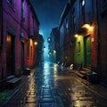 Back street alley with old city houses in rain at Colorful cartoon modern good for your Royalty Free Stock Photo