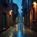 Back street alley with old city houses in rain at Colorful cartoon modern good for your Royalty Free Stock Photo