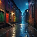 Back street alley with old city houses in rain at Colorful cartoon modern good for your Royalty Free Stock Photo