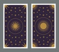 Back of Tarot card decorated with stars, sun and moon