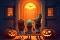 Back of three girls trick or treat at neighbour house front door on Halloween night, cute cartoon illustration. Generative AI Royalty Free Stock Photo
