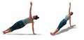 Back three-quarters and Right Profile Poses of a virtual Woman in Yoga Side Plank Pose