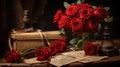 Back in time with an evocative still life arrangement of vintage love letters, red roses, and delicate lace. Royalty Free Stock Photo