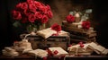 Back in time with an evocative still life arrangement of vintage love letters, red roses, and delicate lace. Royalty Free Stock Photo