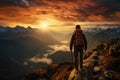 Back to the dawn, backpacker on rocky height, arms raised, embracing mountainous panorama