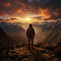 Back to the dawn, backpacker on rocky height, arms raised, embracing mountainous panorama