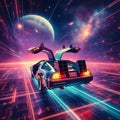 Future Delorean flying space, synth wave Generative ai for illustrations