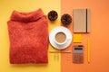 Back to office concept with supplies, coffee and sweater Royalty Free Stock Photo