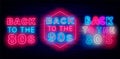 Back to the 80s and 90s neon signboards set. Glowing advertising. Retro party celebration. Vector stock illustration