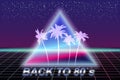 Back to 80 s retro banner vaporwave aesthetic background Synthwave. Palms silhouette triangle grid 3d, sunset retrowave