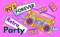 Back to 90s. Retro party poster, school fashion pop music nineties 1980s, birthday karaoke event invitation funky