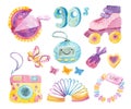 Back to the 90s. Retro toys, roller skates, chewing gum, camera, sweets, hairpins. Watercolor girlish clipart