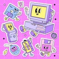 Back to 90s sticker pack. Old fashioned set of old computer pc, vintage misic cassette, floppy disk, tetris and