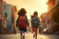 Back to school adventures: charming young pupils with schoolbags in tow, confidently walking