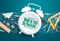 Back to school alarm clock vector banner. Back to school text in paper cut alarm clock