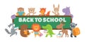 Back to school animal banner. Animals with books and backpacks near chalkboard. Isolated wild and forest vector